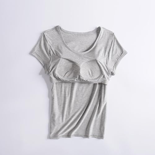 2PC Cotton Built in Bra T-Shirt Workout Casual Tops Short Sleeve Padded Bra Athletic Running Shirts Summer Undershirt3