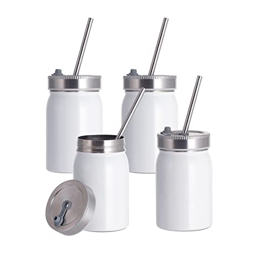 PYD Life Sublimation Blanks Mason Jar Tumbler 17 OZ Wide Mouth White Stainless Steel Tumbler Jar with Lid and Metal Straw for Cricut Mug Press Machine Sublimation Print 4 Pack