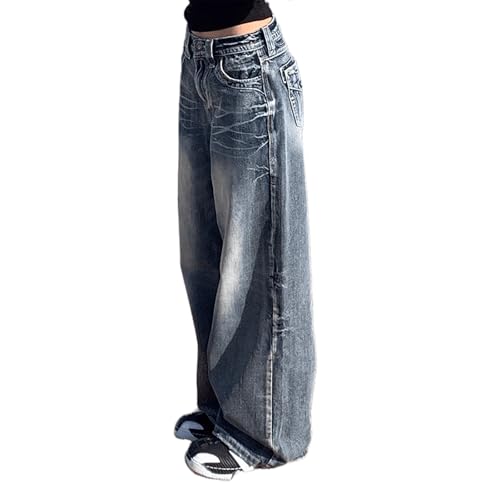 Women's High-Waist Vintage Acid-Wash Jeans: Y2K Casual Hip-Hop Street Style Loose Straight-Leg Washed Trousers