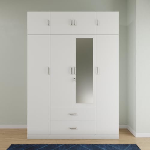 Image of VIKI Wardrobe | Wooden Almirah for Clothes,Door for Bedroom with Loft, 4 Door Wardrobe with Drawer, Mirror & Hanging Space (Frosty White - 40D x 160W x 180H) | 1 Year Warranty | Free Assembly