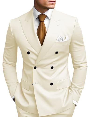 SHUZHXLZANGY 2 Piece Slim Fit Suit for Men Double Breasted Suits for Men Daily Wear Fashion Suit Mens Suits Beige