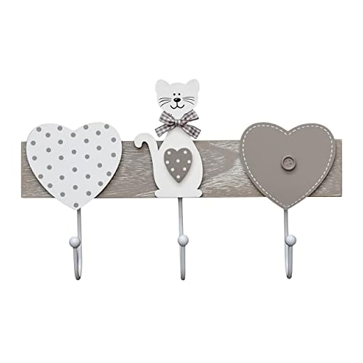 Chat avec coeur porte manteaux mural, patère en bois décoratif à 3 crochets décoration de la maison pour la chambre cuisine vestiaire pour les amateurs de animaux gris et blanc