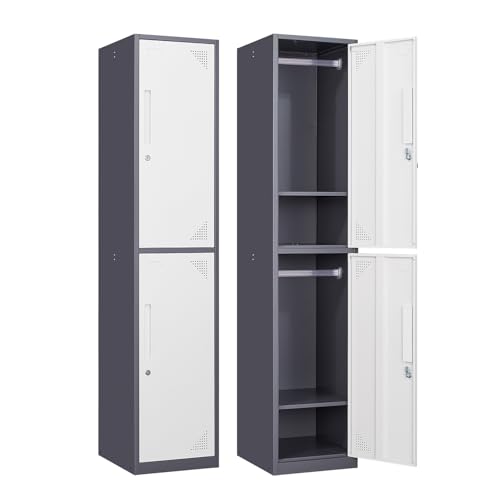 Image of Metal Locker for Home, Dressing Room, 71 inch Steel Storage Lockers for Employees, Lockable Locker Cabinet with 2 Doors (Grey White)