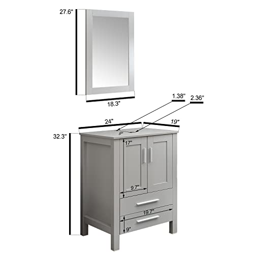 Puluomis 24-Inch Bathroom Vanity With Clear Boat Glass Sink, Grey Modern Wood Fixture Stand Pedestal Cabinet With Mirror #TOP3