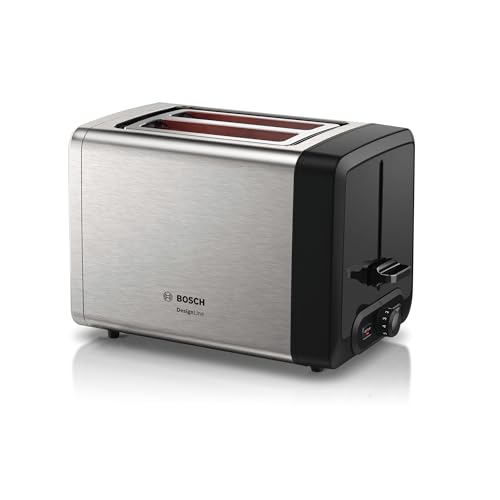 Bosch Kompakt Toaster DesignLine TAT4P420DE integrierter Edelstahl-Brötchenaufsatz mit Abschaltautomatik mit Auftaufunktion perfekt für 2 Scheiben Toast Liftfunktion 970 W Edelstahl/schwarz