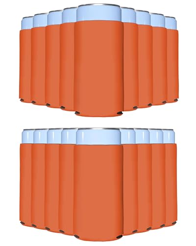 Image of PartyPrints 100 Pack Orange Blank Slim Can Cooler Sleeves | Plain Seltzer Customizable Bulk Coolers for Beer Bottles & 12oz Tall Cans | Skinny Collapsible Drink Insulated Sleeve