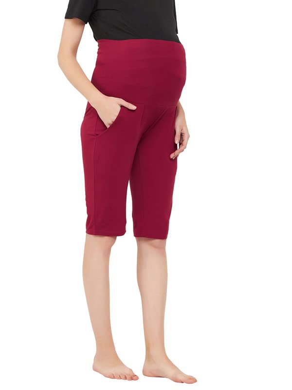 Image of Clovia Women's Cotton Chic Basic Maternity Shorts in Maroon