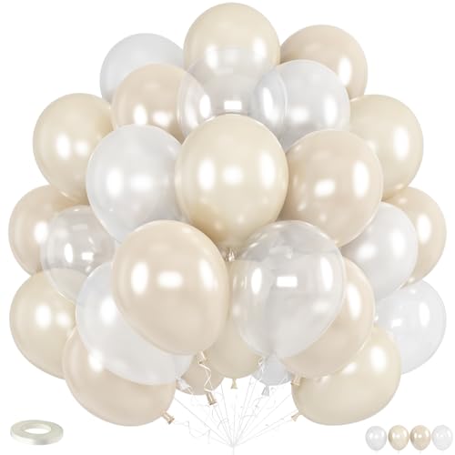 Image of Pearl White Balloons, 12 Inch Double Stuffed Pearl Balloons, 50pcs Double Stuffed Latex Sand White Ivory Clear Balloon for Bachelorette Bride Baby Shower Wedding Engagement Birthday Party Decorations