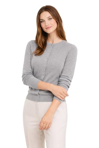 State Cashmere Button Front Crewneck Sweater - Long Sleeve Cardigan for Women Made with 100% Pure Cashmere Sourced from Inner Mongolia Goats - Soft, Lightweight & Versatile - (Pale Charcoal, Small)