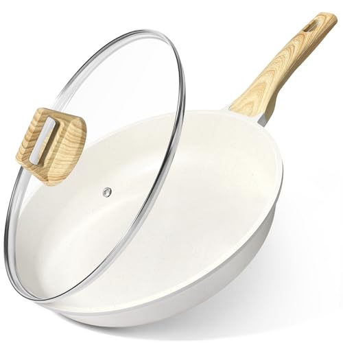 GiPP Sartén Antiadherente de Cerámica con Tapa，Sartenes para freír Saludable y No Tóxica,Compatible con Inducción,Libre de PFAS y PFOA,Apta para Lavavajillas（Blanco,24cm+Tapa）