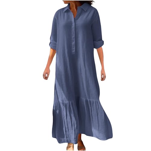 Ninedayx Vestido tipo camiseta para mujer, vestido de verano holgado Henley con botones, vestido único de color sólido, manga larga, vestido de ajuste holgado, vestido retro de playa, temperamento,