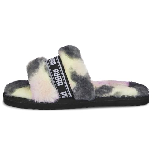 PUMA PUMA Women's Fluff Slipper, Black White, 6 Narrow