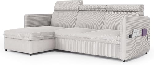 Canapé d'angle Convertible 220x160 - Velours Côtelé Poso à Gauche ou à Droite - Canapé 3 Places Convertible avec Espace de Rangement - Sofa Beige