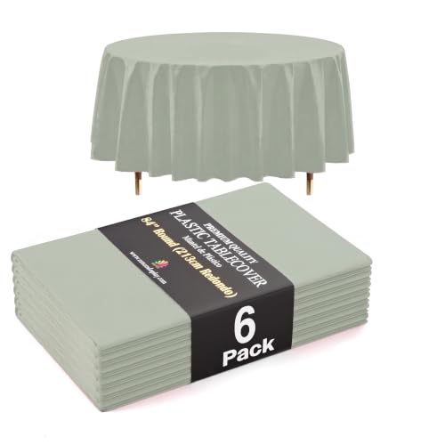 Image of Exquisite 66% Thicker Premium Sage Round Tablecloth 0.5 Mil 6 Pack Plastic Table Cloth Disposable 84 Inch Round Plastic Tablecloth Won't Tear Easily Like Cheap Thin Brands
