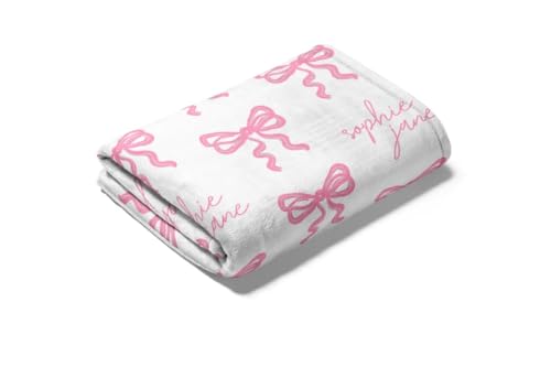 Personalized Pink Bow Baby Girl Blanket,Personalized Baby Swaddle Blanket for Girls,Custom Name Newborn Swaddle Wrap with Bow Headband & Hat Set,Custom Baby Blanket