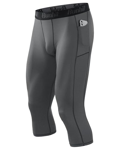 Runhit Mens Compression Leggings 3/4 Athletic Leggings Workout Running Tights Quick Dry Capri Base Layer for Basketball Gym with Pockets Dark Gray 3XL