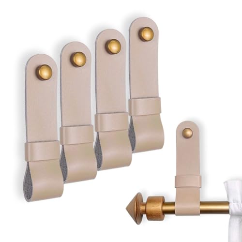 4 Pc Minimalist Design Leather Curtain Rod Bracket - Easy to Install Set of Universal Wall Hanging Strap Curtain Rod Holders with Screws and Plastic Wall Plugs - 4.8" x 1.2" (Beige)