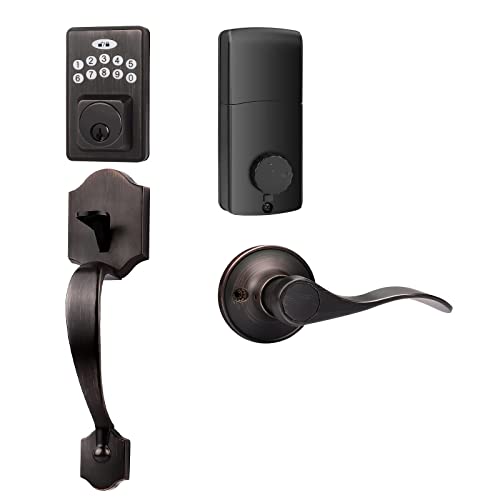 Tinewa Keyless Entry Door Lock Deadbolt With Handle, Front Door Handle Sets, Exterior Front Door Deadbolt With Halifax Oil Rubbed Bronze Finish, Digital Keypad Deadbolt, Auto Lock #TOP14