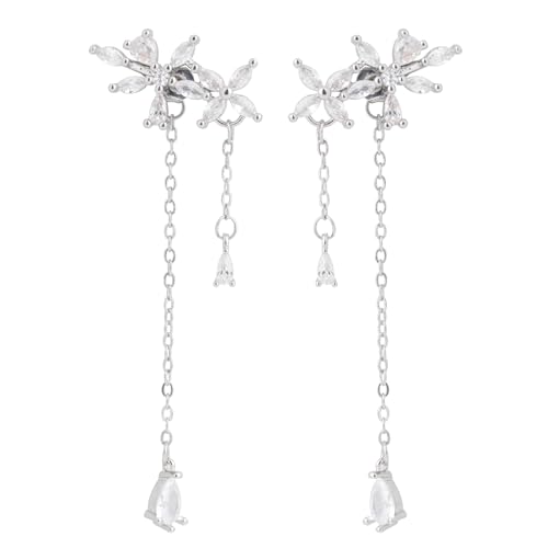 Dangle Earrings for Women Dainty Long Silver Chain Earrings Trendy Hypoallergenic CZ Flower Wrap Dangling Earrings Jewelry