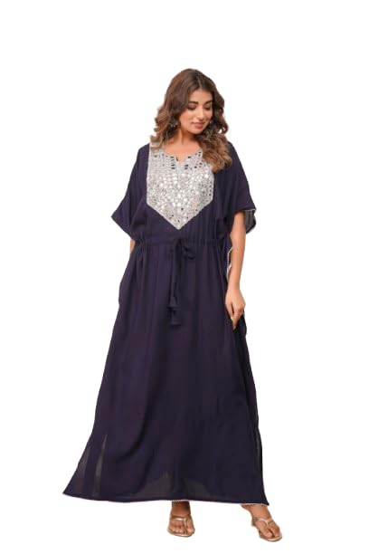 Elegant Mirror Work Kaftan for Women with Designer Neck & Adjustable Waist | Ethnic Wear. (Blue)-picture-16