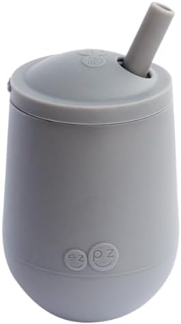 Mini Cup + Straw Training System - 9 Months+ (Gray) - 100% Silicone Training Cup for Infants + Toddlers - Designed by a Pediatric Feeding Specialist