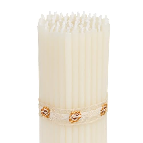 DEYBBY Mini White Beeswax Candles 50 Count Beeswax Candles - Dripless and Smokeless Small Thin Beeswax Taper Candles for Orthodox Church Prayer