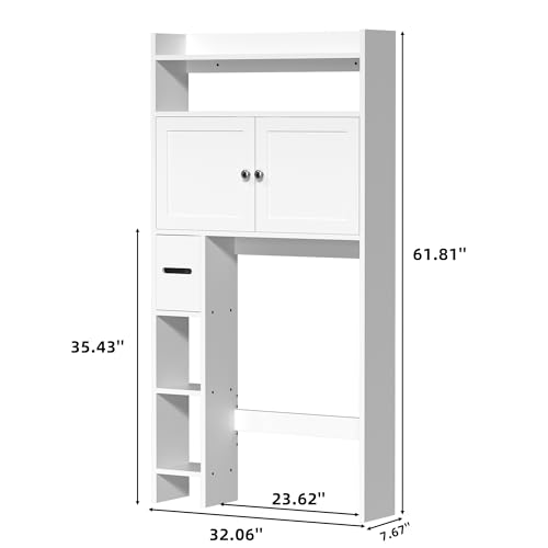 IdeaKey Over The Toilet Storage Cabinet with Toilet Paper Holder Stand, 7-Tier Freestanding Bathroom Over Toilet Storage with Shelves and Doors, Behind Toilet Storage Cabinet, White
