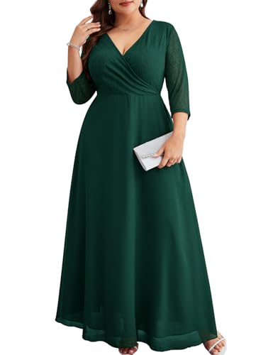 Image of ZOMVA Plus Size Maxi Formal Dress Lace Chiffon Floral V-Neck Wrap Wedding Guest Evening Gown Cocktail Prom 3 /4 Sleeves