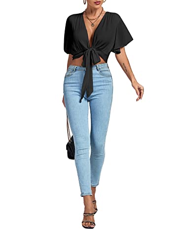 Image of LYANER Women's Sexy Deep V Neck Tie Front Wrap Cropped Blouse Bell Short Sleeve Ruffle Crop Tops