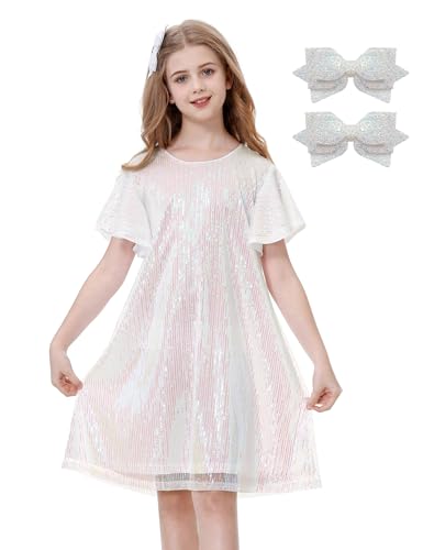 Girls Sequin Dress Sparkling Short Flutter Sleeve Midi Shiny Dance Dress with Bow Hair Clip