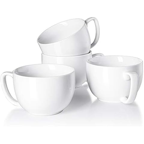 Teocera White Porcelain Jumbo Coffee Mugs Set of 4-16 Ounce Latte Cups with Handle for Hot or Cold Drinks like Cocoa, Milk, Tea or Water - Smooth Ceramic with Modern Design Cover