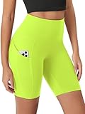 ODODOS 8' Tummy Control Biker Shorts for Women with Pockets High Waist Running Workout Athletic Yoga Shorts, Neon Green Yellow, Medium