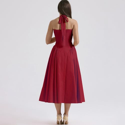 Image of Women Floral Corset Dress Halter Neck Low Cut Bustier Lace Midi Dress Flowy Pleated Hem Long Sundress with Pockets