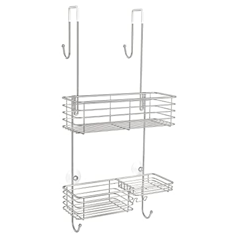 HEETA Shower Caddy Over The Door , Shower Organizer Hanging on the door, SUS201 Stainless Steel door Rack with Soap Dish- Hanging Basket Shelf for Dorm, Toilet, Bath, and Kitchen, Silver Cover