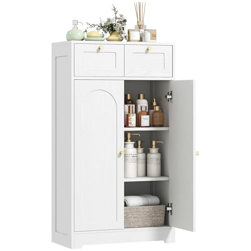 HOMCOM Armario de Baño Estrecho, Mueble Auxiliar de Baño, 60x30x108 cm, con 2 Cajones, Estante Abierto y Puerta con Panel Arqueado, Estilo Moderno, para Espacios Pequeños, Blanco Veteado