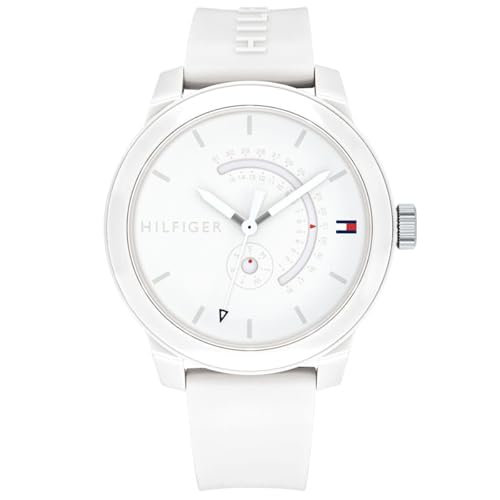 Tommy Hilfiger Herren-Analog-Quarzuhr - Weißes Zifferblatt, Weißes Silikonarmband, Tag- & Datumsfunktionen, 44-mm-Gehäuse, 3ATM Wasserbeständigkeit - 1791481