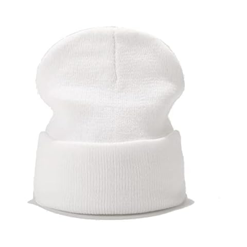 IHAUIUE Solid Color Beanie Hat Knitted Cuffed Skull Cap Double Layer Winter Watch Hats for Women, Men, White, One Size Cover
