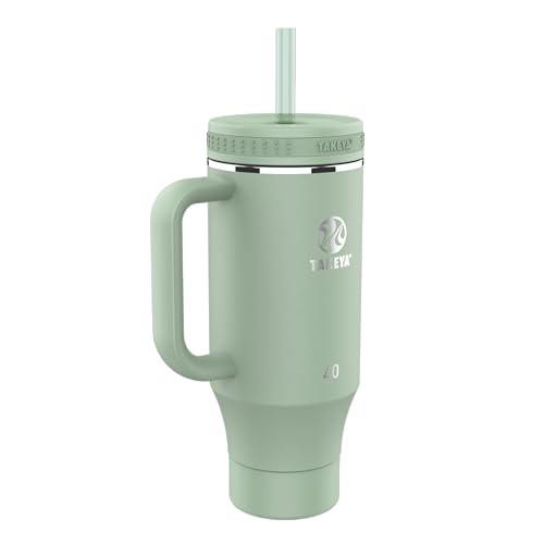 Image of Takeya Stainless Steel Tumbler with Handle and Straw (40 oz, Matcha) - Insulated Water Bottle with Straw for Water & Iced Beverages
