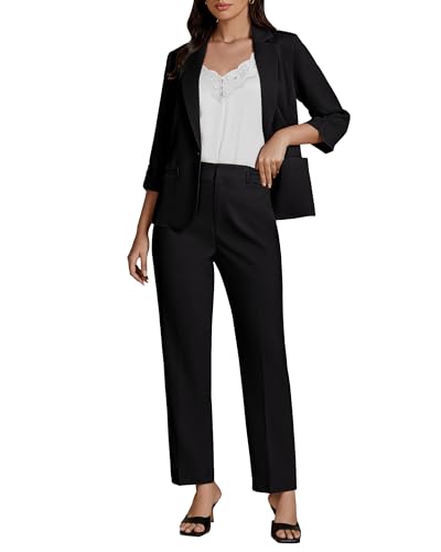 luvamia Pant Suits for Women Dressy 2 Piece Business Casual Outfits 3/4 Sleeve Blazer Straight Leg Pant Sets Office Work
