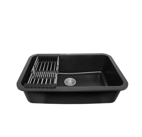 Image of Fossa 10-Year Warranty 31 inchx19 inchx9.5 inch Pure Quartz Kitchen Sink Single Bowl with Basket, Round Coupling, Waste Pipe Black (Matte Finish)
