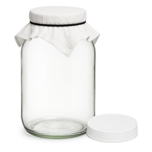 The Kombucha Company 1 Gallon Glass Jar with Plastic Lid Cloth Top and Rubber Band Large Gallon Mason Jar with Lid for Sourdough Starter Kombucha Sun Tea Pickling and Storage Jug