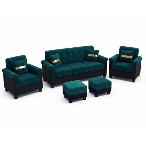 Image of FURNY Woodswave 5 Seater Sofa Set with Velvet Fabric, 3+1+1+2 Puffy Sofa Set for Living Room (Teal-Black) Durable & Comfortable | Ideal for Living Room