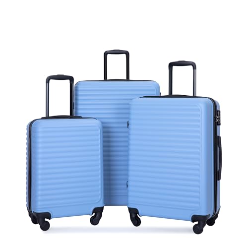 Light Blue 3 Piece Luggage Set with Wheels & Lock - Lightweight ABS Suitcases (20/24/28) for Travel