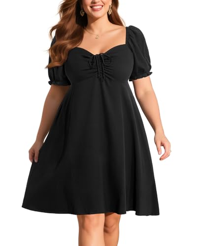 Pinup Fashion Damen-Sommerkleid, Übergröße, lässig, Puffärmel, gesmokt, kurz, A-Linie, Babydoll, niedliches Minikleid, Schwarz, 52 Mehr