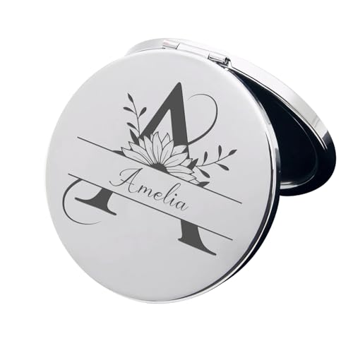 YUYUGO Personnalisé Miroir de Maquillage, Petit Double Face Miroir Portable, Personnalisé Miroirs avec Fleur/Nom d'anniversaire, pour Femmes, Anniversaire, Saint-Valentin, Mariage