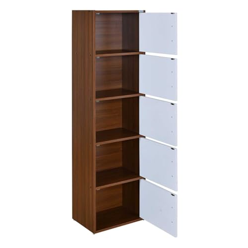 Image of Nilkamal Sear 5 Tier Wooden Storage Cabinet | Free Standing Book Shelf with 3 Doors & 3 Spacious Shelves | Engineered Wood | Organizer for Home & Office | Classic Walnut & White | DIY(Do It Yourself)