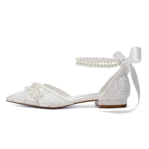 Image of Pearl Wedding Shoes for Bride Flat Lace Bride Shoes Pointed Toe Bridal Flats