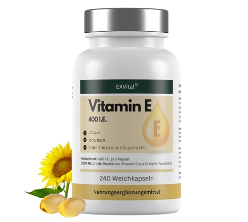 EXVital Vitamin E 400 I.E., 240 vegane Softgel Kapseln, mit D-Alpha-Tocopherol, Vitamin E aus Sonnenblumen, hochdosiert & laborgeprüft