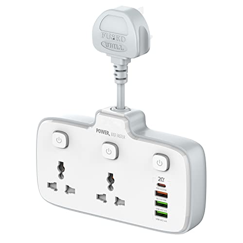 2 Way Extension Lead Universal Power Socket Plug 10A 2500W Multiple Wall Adaptor 6-in-1 with Individual Switches Neon Indicator 4 USB PD Fast Charger Total 20W Max Cable Free
