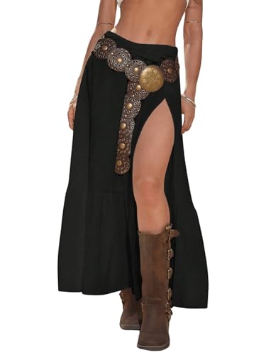 SHENHE Women's Summer Low Rise Maxi Skirt High Slit Ruffle Hem Flowy Boho Long Skirt Black Small